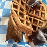 The waffles and pancakes are amazing!   Their signature syrup is spiced with cinnamon and it’s freakin delicious!!!  at Common Sense - Sejah Farms in St Croix