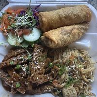 Loved this Asian style plate.. noodles, teriyaki roast and vegan egg rolls!!  at Common Sense - Sejah Farms in St Croix