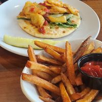 Harissa Coconut JackFruit Pita. Comes with garlic sauce for a drizzle or dipping & a $2 upcharge for handcut fries instead of chips. at Burn 'Em Brewing in Michigan City