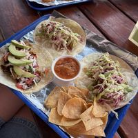 Fried avocado tacos on the top, and mushroom pico on the bottom left on flour tortillas    at Totally Taco in Roatan