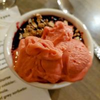 Blueberry cobbler with granola and strawberry Earl Grey sorbet -- special meal for a DelVal Veg event, not sure regular menu has a vegan dessert. This was so good! at Bella Trattoria in Spring City