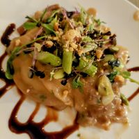Mushroom ravioli with cauli sauce, asparagus, and hazlenut -- special dish made for a DelVal Veg dinner. Their regular menu has a number of creative vegan items such as pasta, pizza, & sandwiches at Bella Trattoria in Spring City