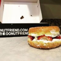 StrawberryLab. Who does love whipped cream and fresh strawberries sandwiched in a sugar glazed donut?!  at Donut Friend - Highland Park in Los Angeles