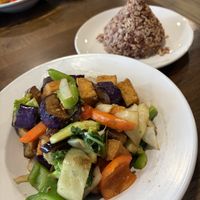Basil eggplant with added tofu and veggies and side brown rice  at Thai Story in Chagrin Falls