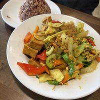 Magic lemongrass with added veggies and tofu and brown rice   at Thai Story in Chagrin Falls