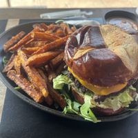 Bean burger, and sweet potato fries  at Spread Love & Eat in Brooklyn