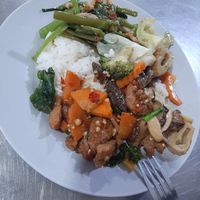 Rice with 3 different types of food from the buffet. at Vegetarian Food Stall at Night Market in Ayutthaya