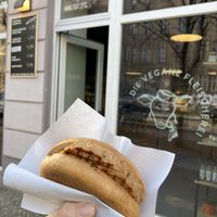 Cilli-cheese Leberkäse in a Brötchen.  at Die Vegane Fleischerei in Berlin