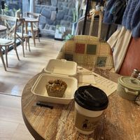 Banana and chocolate muffin with almond latte  at Indie Cafe & Concept Store - Teatro in Cusco