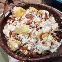 Potatoes with soy based alioli, garlic, and onions (starter) at Pan y Circo in Sevilla