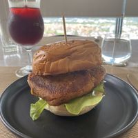 Veggie burger with lettuce, tomato, sauce, hibiscus/roselle tea  at Plearn in Phuket
