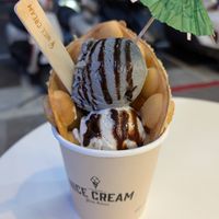 Peanut waffle with black sesame and soymilk flavor scoops. at Nice Cream - Da'an Forest Park in Taipei