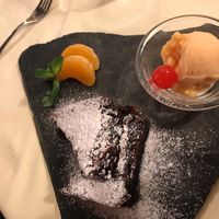 Vegan brownie with melon sorbet at Hotel & Restaurant Waldhaus in Bettmeralp