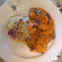 Squash curry with parsnip and potato mash. at Hotel & Restaurant Waldhaus in Bettmeralp