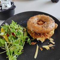 Vegan sausage bagel at Cegin Cafe in Bangor