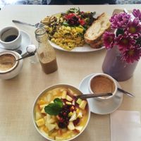 one of the vegan breakfast options and a vegan salad/pasta/couscous plate at Cafe Rotkehlchen - Venloer Str in Cologne