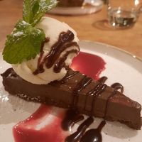 Chocolate tart with raspberry sauce at Botany Bay Hotel in Broadstairs
