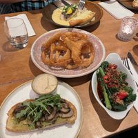 Avocado And Mushrooms On Sourdough, Pan-Fried Tenderstem Broccoli, Beer Batter Onion Rings   at Botany Bay Hotel in Broadstairs