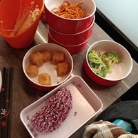 Fried tofu, broccoli, mushrooms, noodles at New Hot Pot - 同人火锅 in Turin