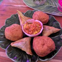 Samosas and dumplings at Merkamo Vegan in East London