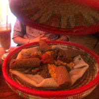 The £28 Merkamo Special platter (with crunchy, undercooked lentils and split peas).  at Merkamo Vegan in East London