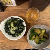 Seaweed salad and cucumber salad  at Yakitori Bunraku in Tokyo