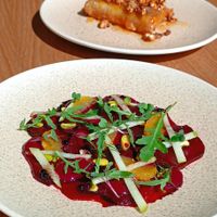 Beetroot carpaccio 🫜 feta crispy roll in the bg at Acai Plant Based Hotel & Restaurant in Rhodes