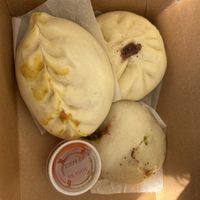 Left steamed curry bao, top right red bean paste steamed bao (my fave), bottom right sticky rice veggie bao. Be sure to add a little soy sauce.   at Formosa Bao in Long Beach
