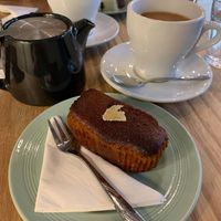 Ginger cake and rooibos tea (with oat milk) at Eden Cafe in Witney