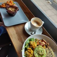 Muffin, latte and cooked breakfast at Eden Cafe in Witney