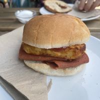 Brioche bacon and hash brown  at Eden Cafe in Witney