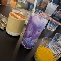 Lavender Ube latte, Ginger shot & Dirty chai at Roots Cafe in Chambery
