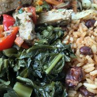 Vegan jerk chicken w rice and peas plus callaloo  at Sunrise Caribbean in Washington