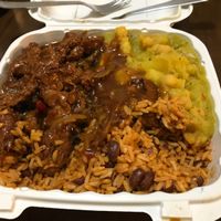 A vegan smorgasbord! Vegan BBQ, Potato Chickpea Curry, Beans and Rice! Delicious all around! at Sunrise Caribbean in Washington
