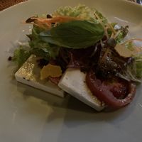First course: salad with cashew cheese  at Sakti Dining Room in Mambal