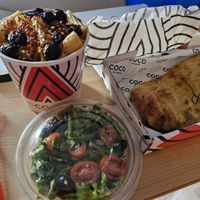 Garlic & Rosemary Bread, Side Salad, Lentil Ragu with extra Olives & Chilli Flakes at Coco di Mama in Hereford