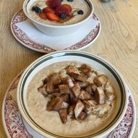 Pear, cinnamon and maple syrup porridge, and the seasonal fruit and maple syrup porridge. Just need to ask for them to be made with a milk alternative 😋  at Ginger Cafe in Perth