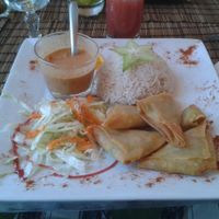 Vegetable samossas with rice and salad at Black Temple Food in Rennes