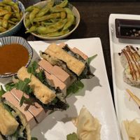 Bottom left: Seasonal vegan selection from January 2025(can’t remember the name, but had tofu and seaweed salad with house made sauce). Right: Sweet potato roll   at Iwa Sushi & Grill in Wenatchee