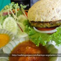 Vegan Burger. Just ok, but great sauces. at Kanlaya Vegetarian in Chiang Mai