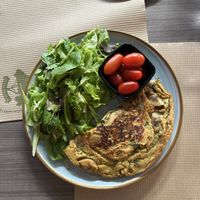 Delicious Chickpea Omelette w/fresh mushrooms and herbs  at The 11 Concept in Volos