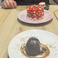 Desert! Strawberry cake, macaron and snowball  at La Maison in Anjuna