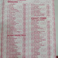 Menu at Mysore Bhavan in Manama