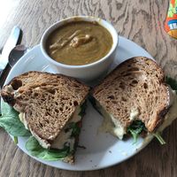 Mozzarella sandwich and dill/potato soup. Both excellent! at Nectar Cafe in Portland