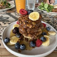 Banana pancakes with vegan Nutella, fruit and syrup   at La Papaya in La Palma