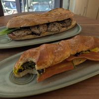 Chicken baguette and Bacon Mimosa at Land & Monkeys in Bordeaux