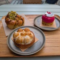 Pistachio babka, lemon meringue tart, raspberry cheesecake at Land & Monkeys in Bordeaux
