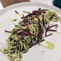 Misso pesto linguini with purple sweet potato paille at Tau Cozinha in Sao Paulo