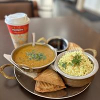 Vegan combo with chai, 2 samosas, & dahl   at Remedy Cafe - Jasper Ave in Edmonton