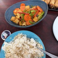 Cashew tofu with carrots and peppers (spicy, I like that) came with white rice  at 9 Thai Cuisine in Newark